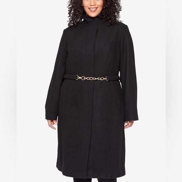 Vince Camuto Womens Plus Size Chain-Belt Walker Coat Wool Blend Black 2X NWT - Picture 1 of 10